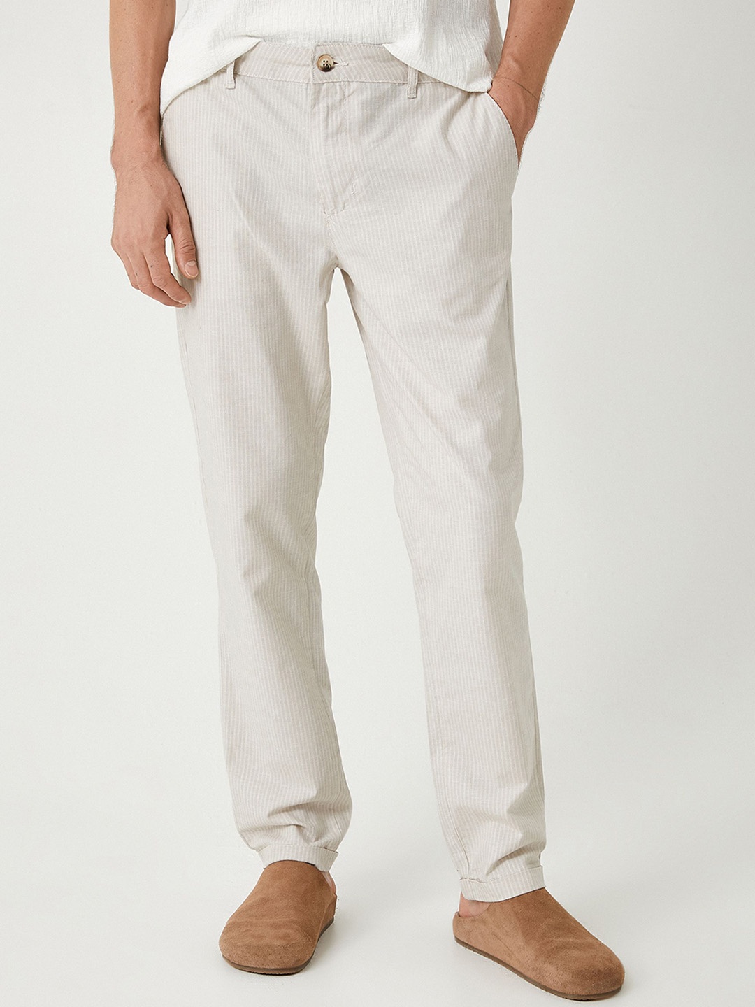 

Koton Men Regular Fit Striped Chinos Trousers, Off white