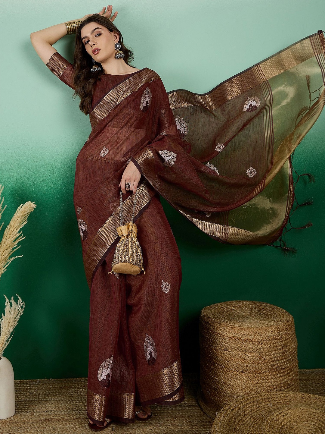 

SHADOW & SAINING Solid Embroidered Beads and Stones Organza Saree, Brown