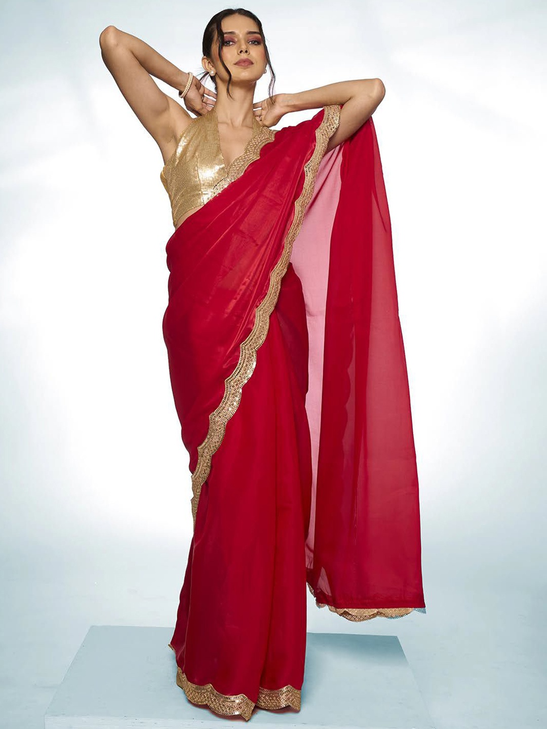 

Mitera Embellished Sequinned Organza Saree, Red