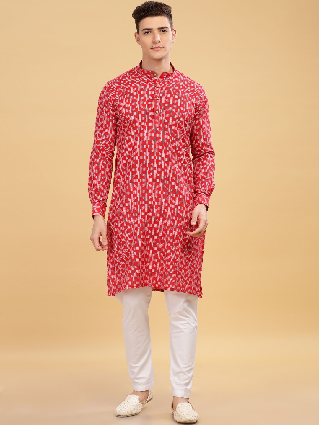 

Anouk Red Geometric Woven Design Mandarin Collar Straight Kurta