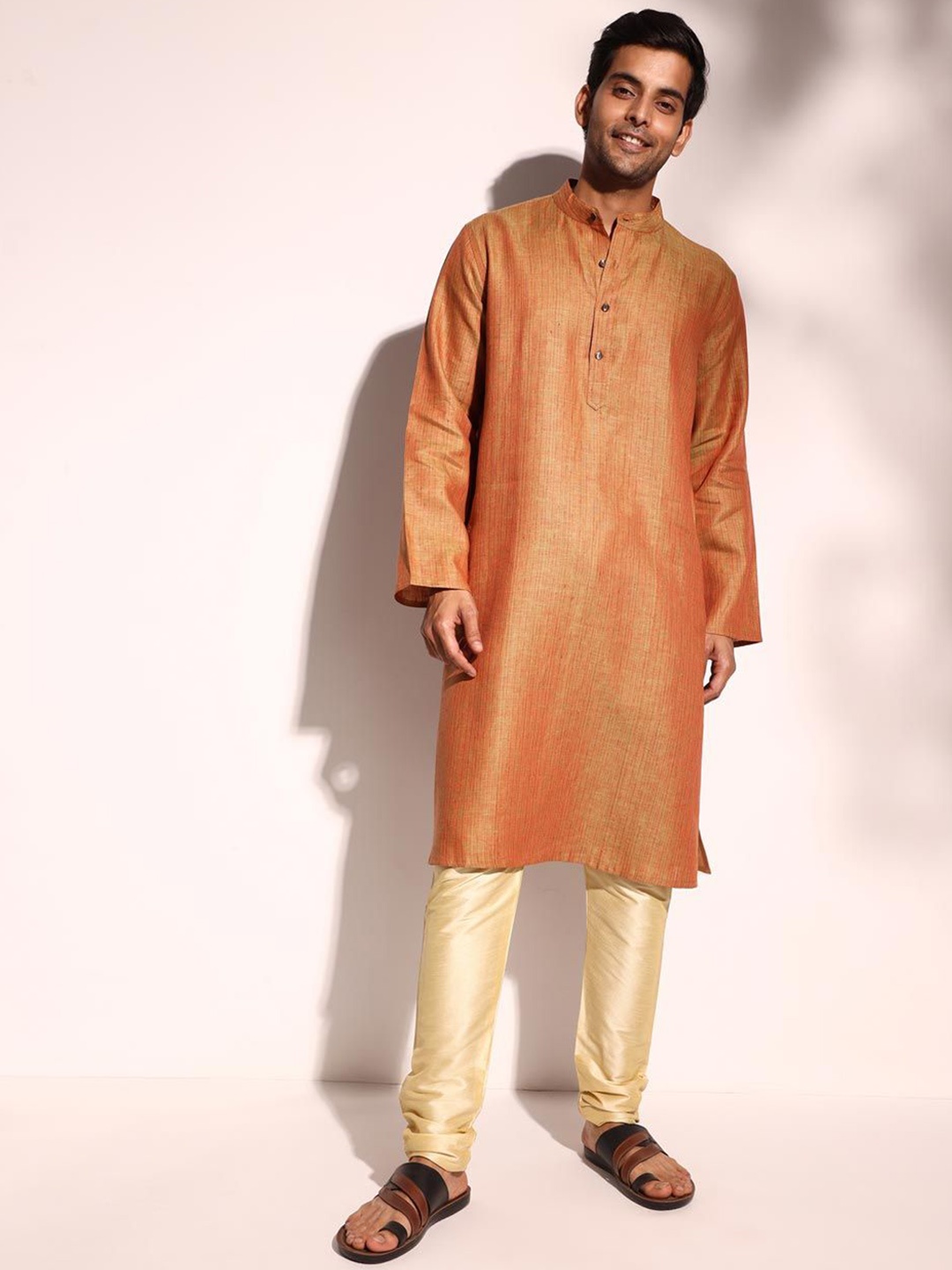 

Fabindia Comfort Fit Band Collar Linen Straight Kurta, Orange