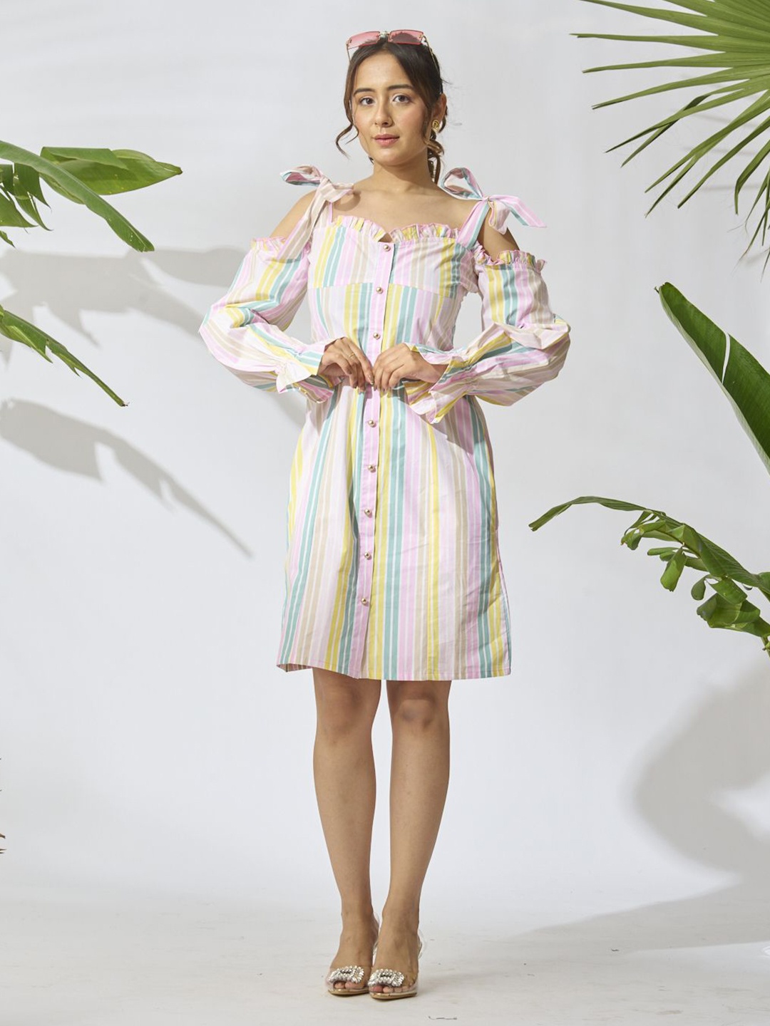 

Risate Women Striped Printed Shoulder Straps Cold-Shoulder Sleeves A-Line Dress, Pink