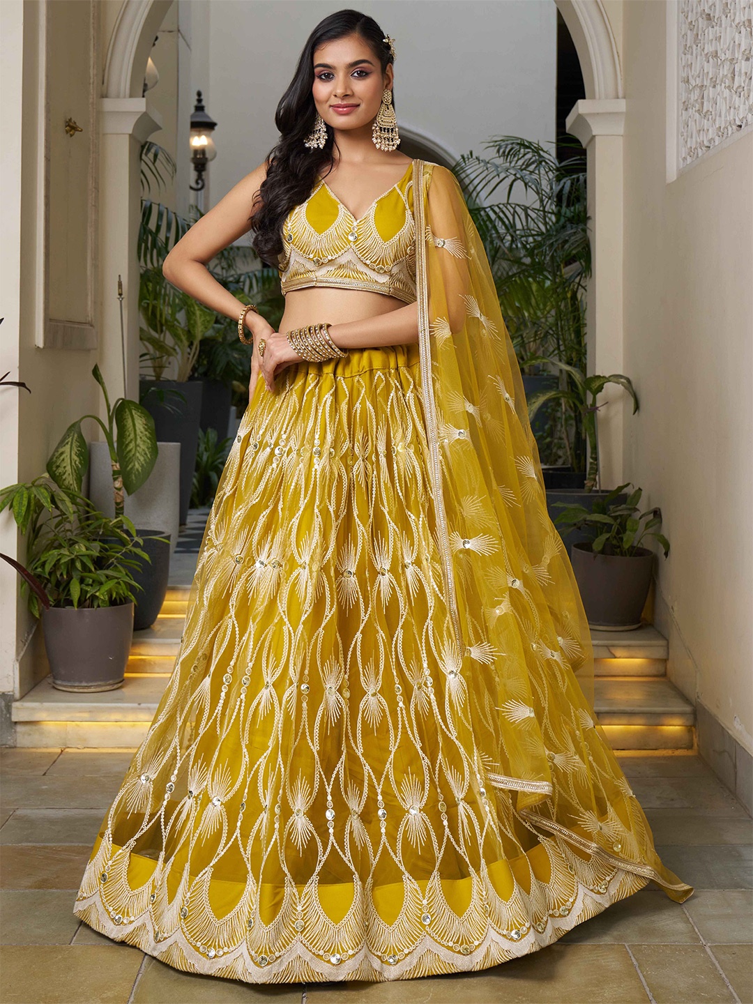 

FABPIXEL Embroidered Sequinned Semi-Stitched Lehenga & Unstitched Blouse With Dupatta, Yellow