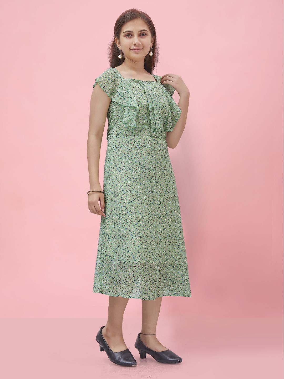 

BAESD Girls Floral Printed Flutter Sleeves Georgette A-Line Midi Dress, Green