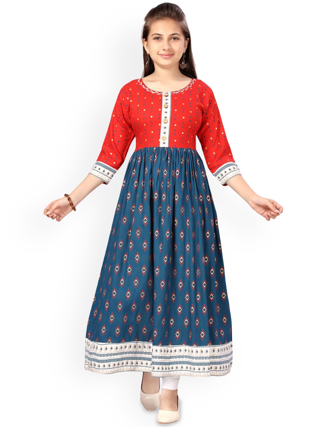 

BAESD Girls Ethnic Motifs Printed Pleated Cotton Anarkali Kurta, Red