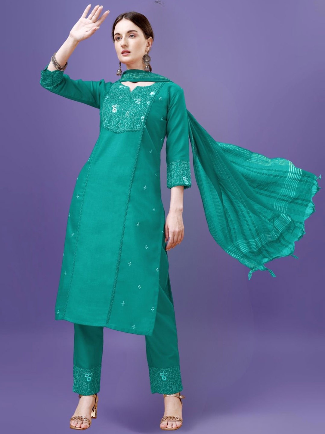 

KAZIA Floral Embroidered Notch Neck Straight Kurta with Trousers & Dupatta, Sea green