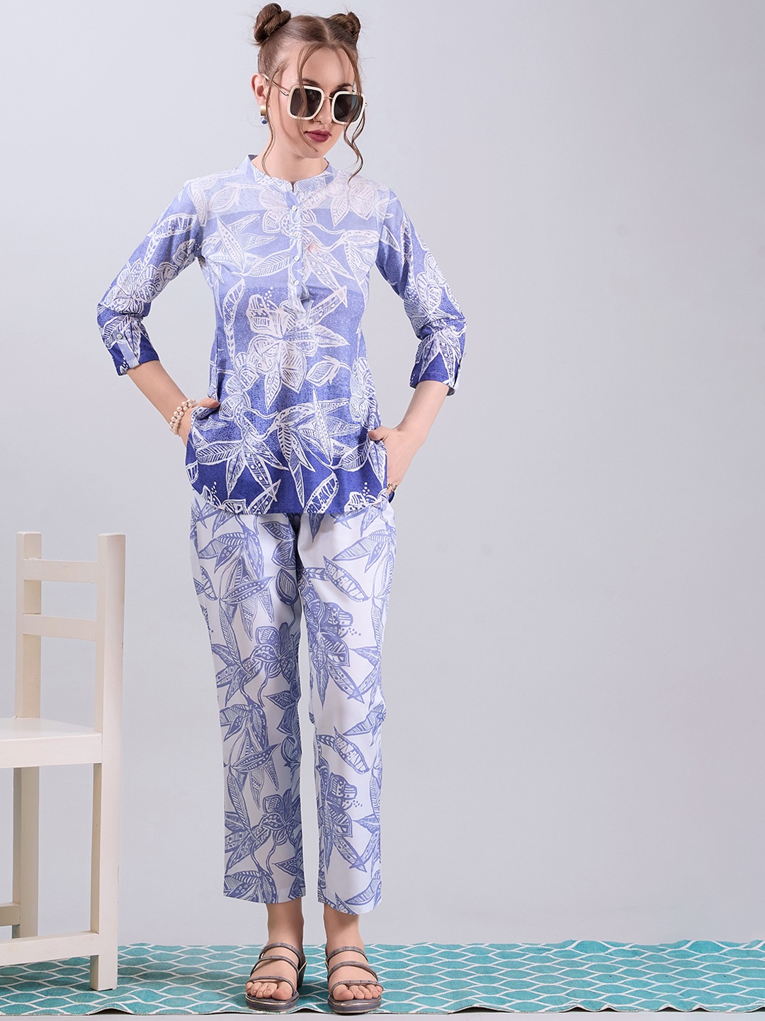 

Amarasha Printed Shirt Collar Top With Trouser, Blue