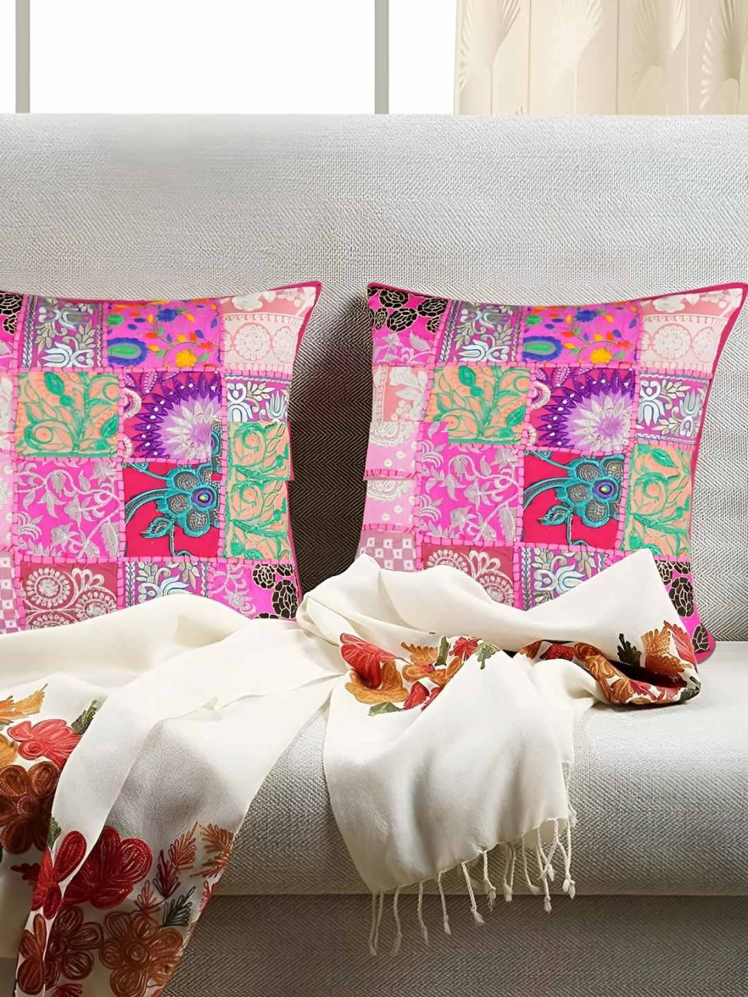 

E-Ezra Pink & Red 2 Pieces Embroidered Patch Work Square Cushion Covers