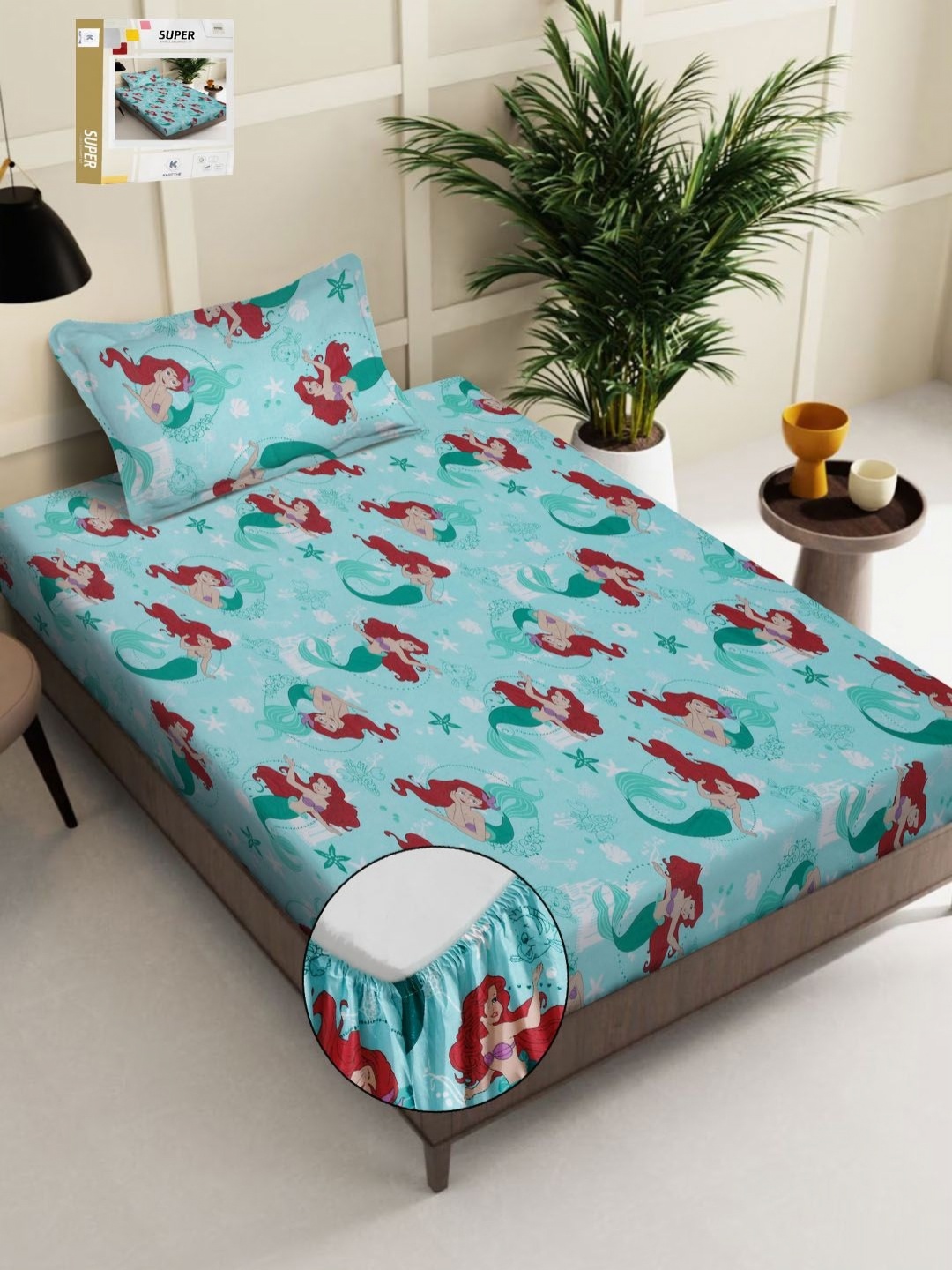 

KLOTTHE Turquoise Blue Printed 400 TC Pure Cotton Fitted Single Bedsheet & 1 Pillow Covers
