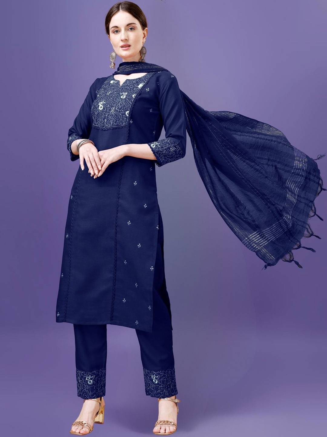 

KAZIA Floral Embroidered Notch Neck Straight Kurta with Trousers & Dupatta, Navy blue