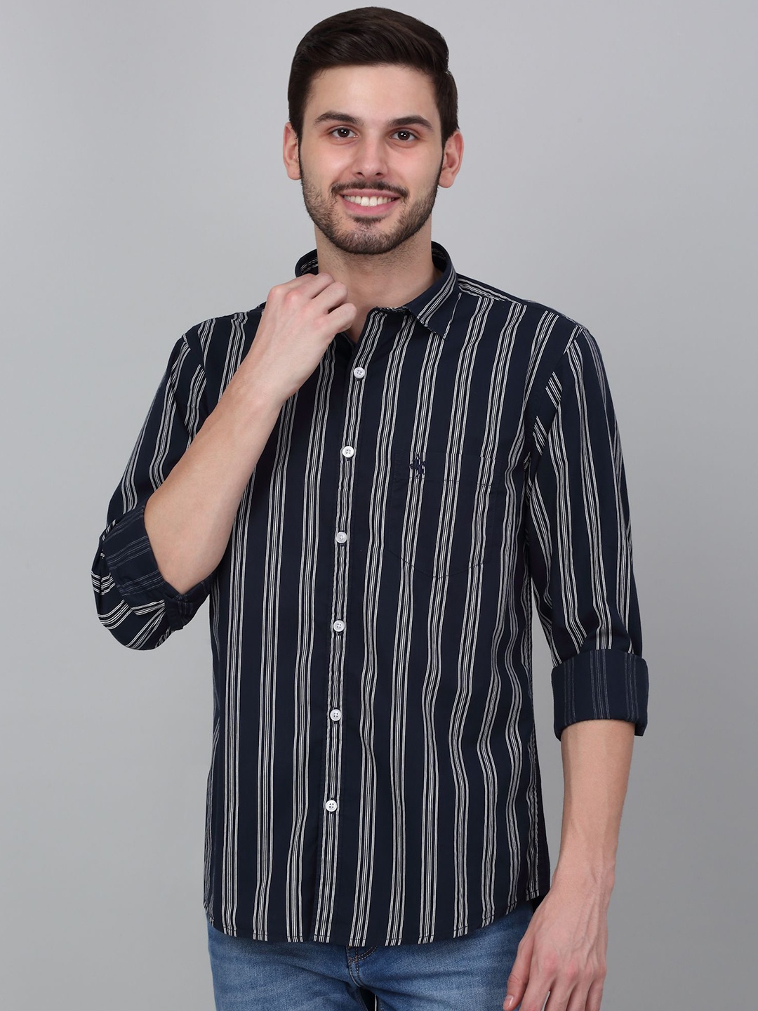 

Cantabil Men Spread Collar Striped Cotton Casual Shirt, Navy blue
