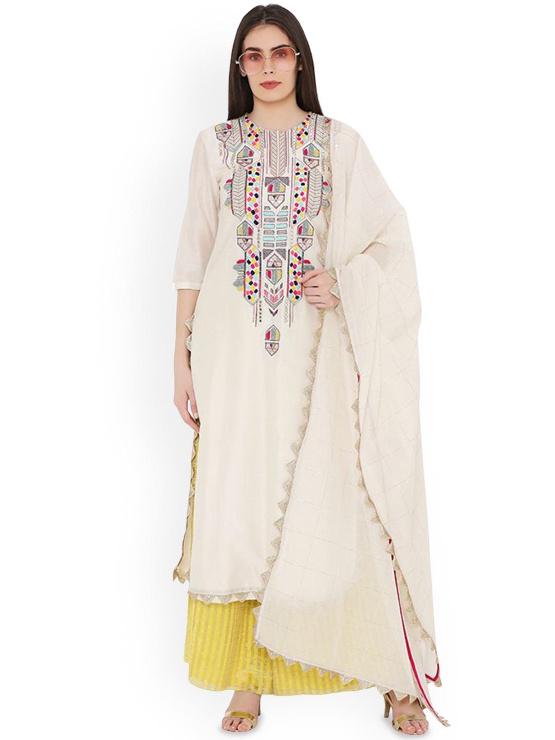 

Payal Singhal Ethnic Motifs Embroidered Straight Kurta & Palazzos With Dupatta, White
