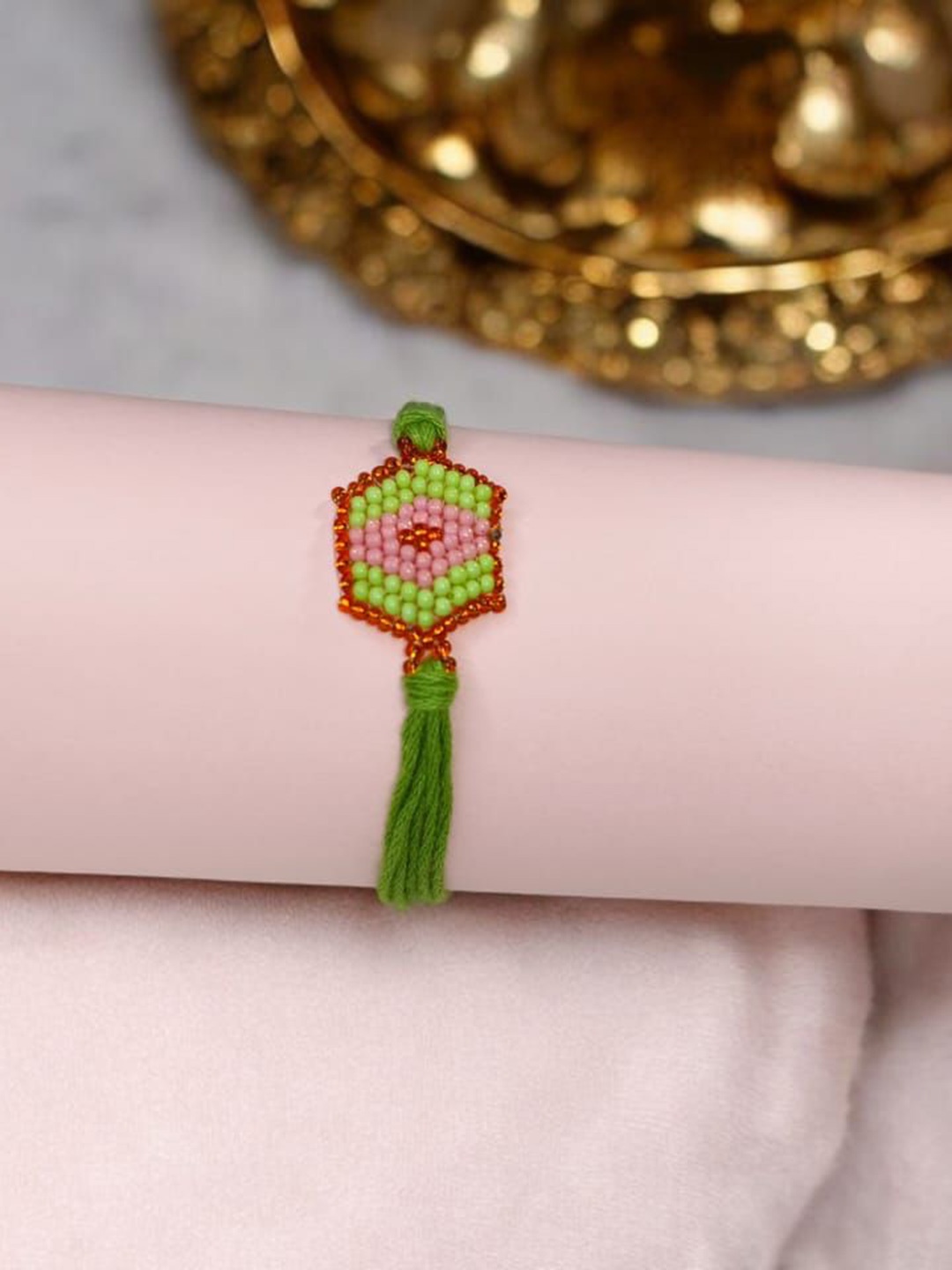 

PRIAANSHA CREATIONS Abstract Designed Beaded Thread Rakhi With Roli Chawal & Greeting Card, Green