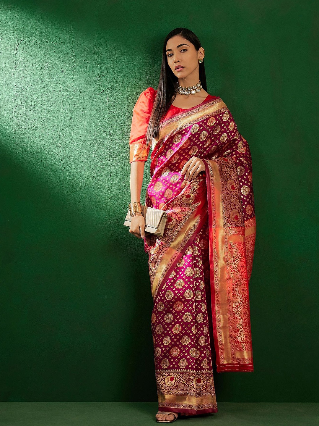 

SHADOW & SAINING Woven Design Zari Banarasi Saree, Burgundy
