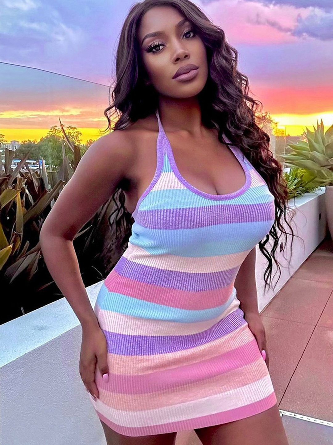 

LULU & SKY Striped Halter Neck Sleeveless Bodycon Dress, Purple