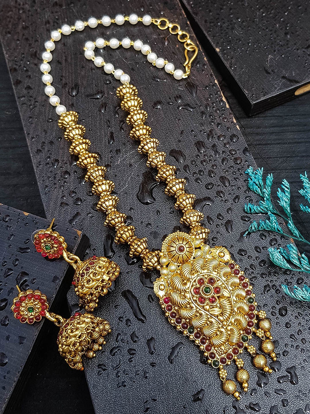 

GRIIHAM Gold Plated Cubic Zirconia Stone Studded Temple Jewellery Set