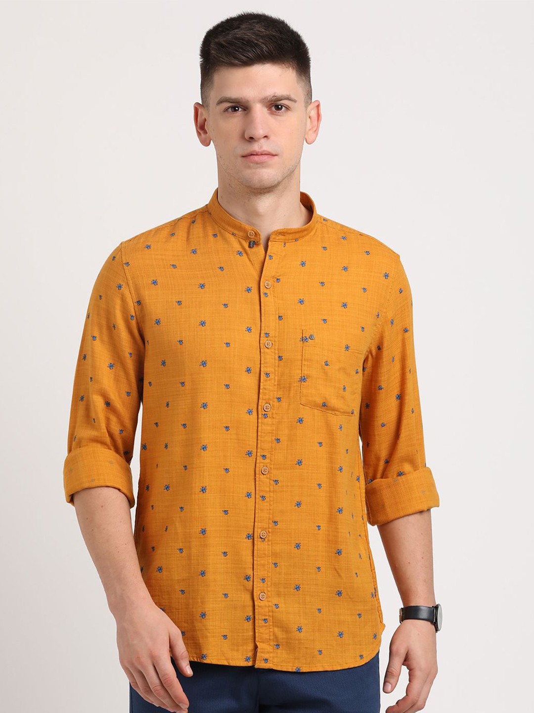 

Turtle Men Relaxed Band Collar Micro Ditsy Printed Lyocell Slim Fit Casual Shirt, Yellow