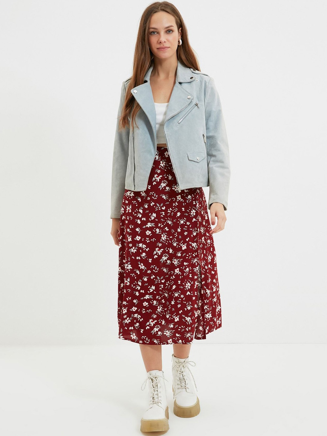 

Trendyol Floral Printed A-Line Midi Skirt, Maroon