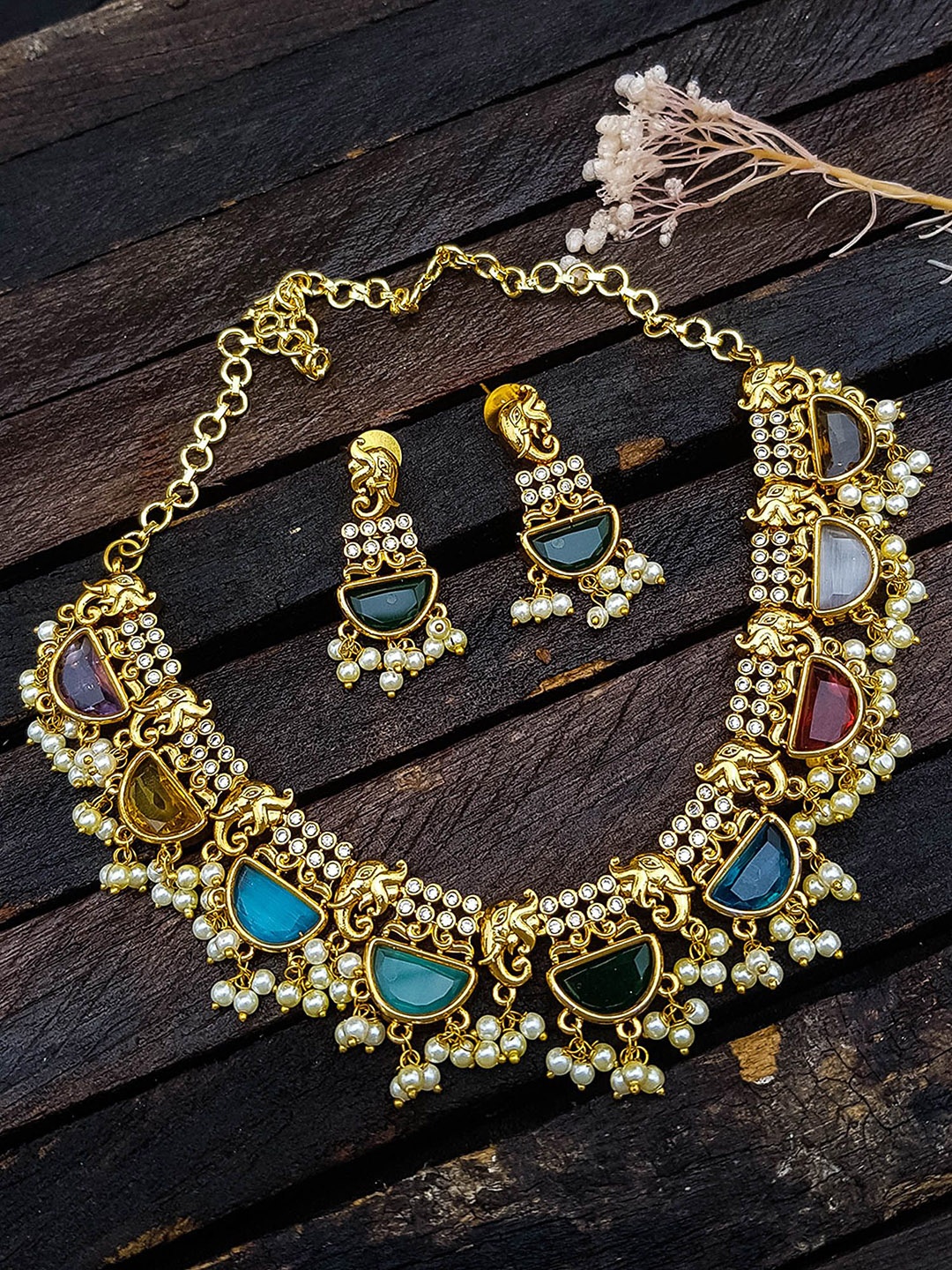 

GRIIHAM Gold-Plated Navaratna Stone-Studded & Beaded Jewellery Set