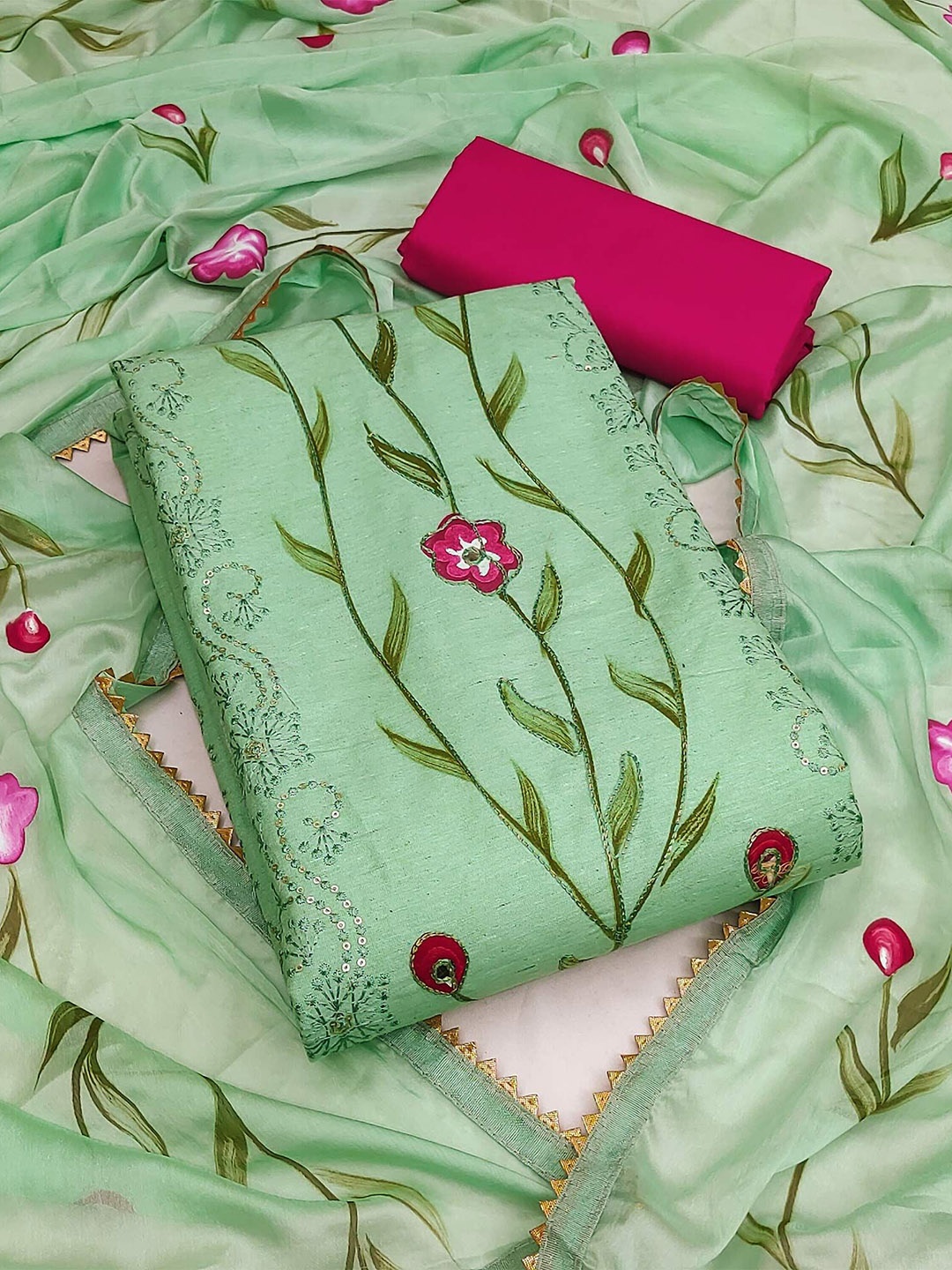 

Peachmode Embroidered Pure Cotton Unstitched Dress Material, Green