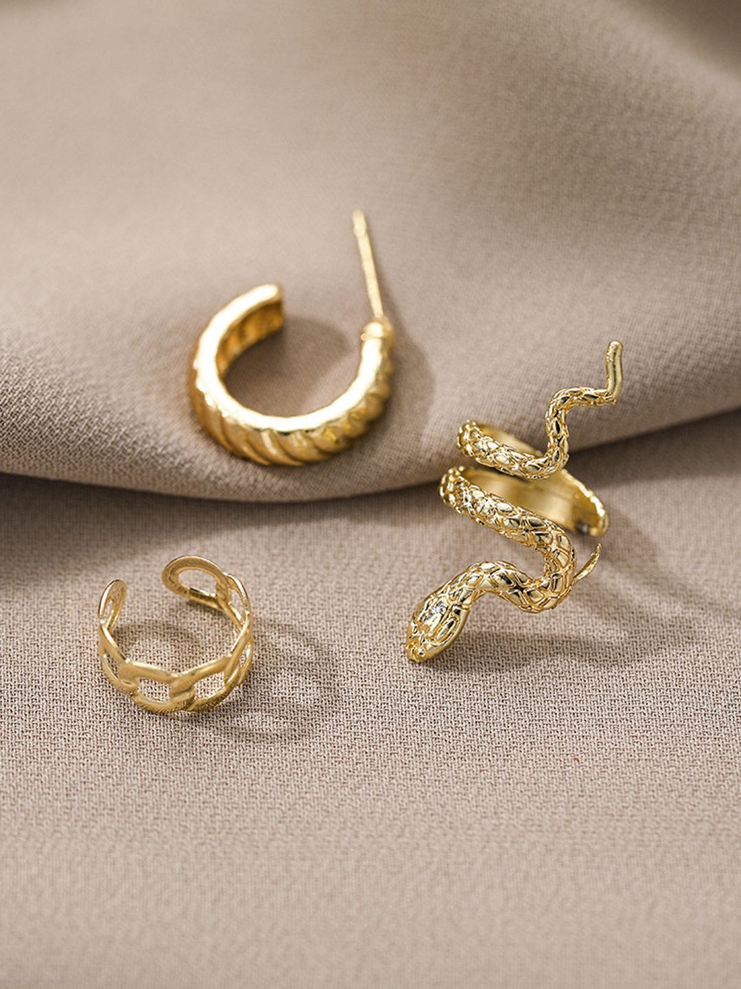 

VAGHBHATT Set of 3 Gold-Plated Snake Shaped Studs & Ear Cuff Earrings