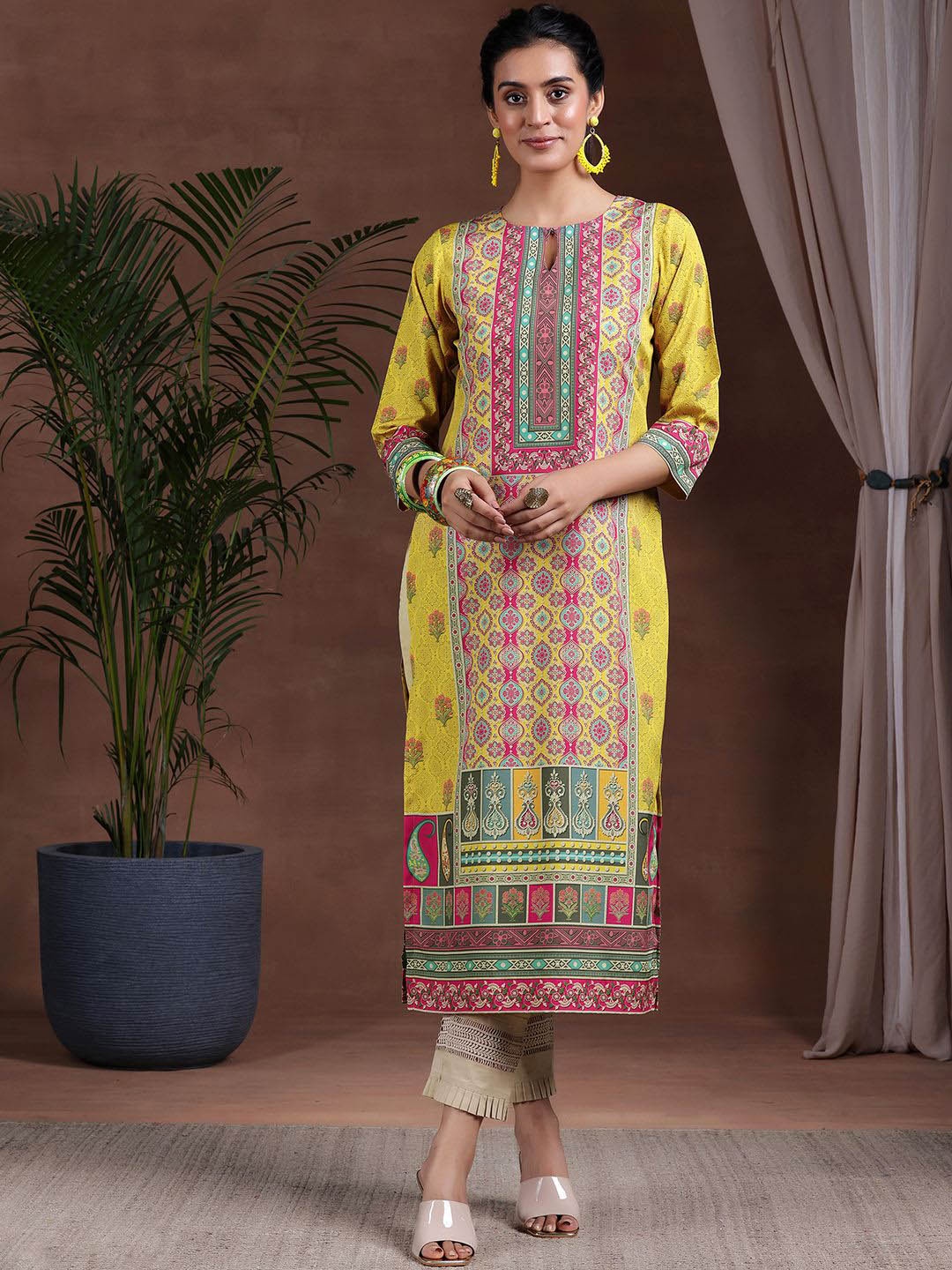 

Libas Ethnic Motifs Printed Keyhole Neck Crepe Straight Kurta, Mustard