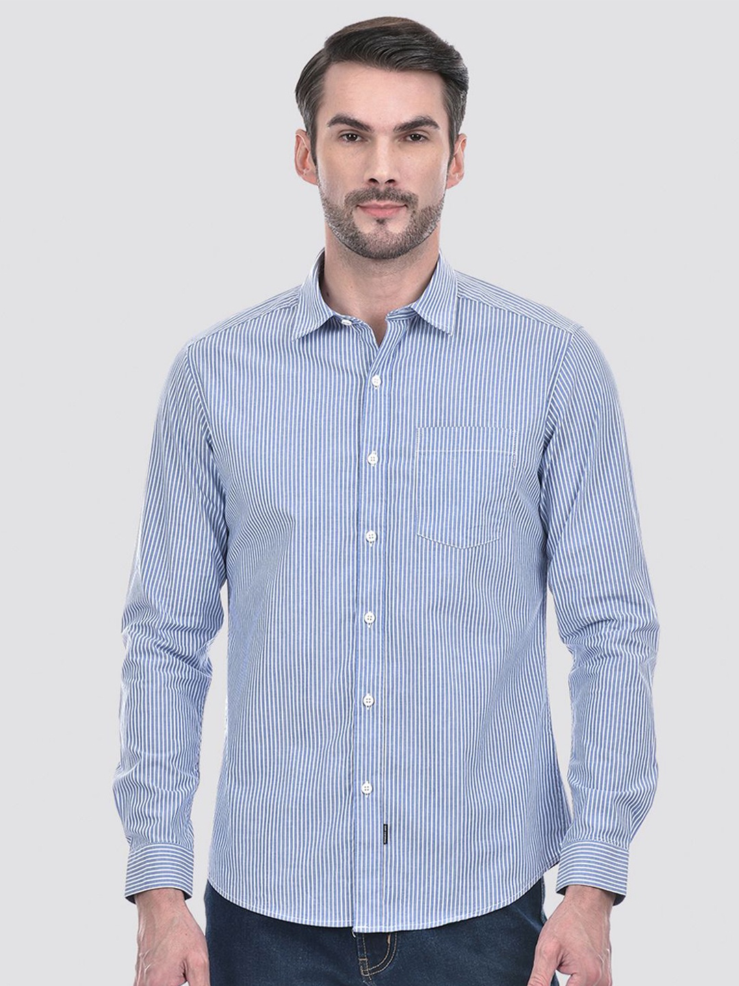

Numero Uno Men Spread Collar Striped Cotton Slim Fit Casual Shirt, Blue