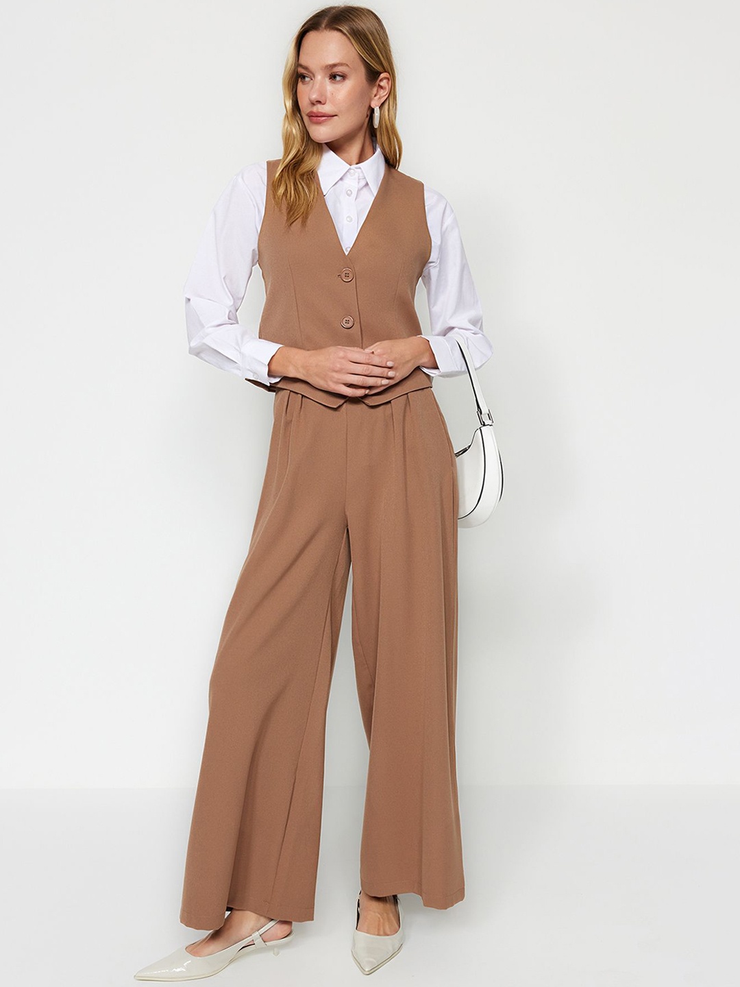 

Trendyol V-Neck Waistcoat & Palazzo, Camel brown