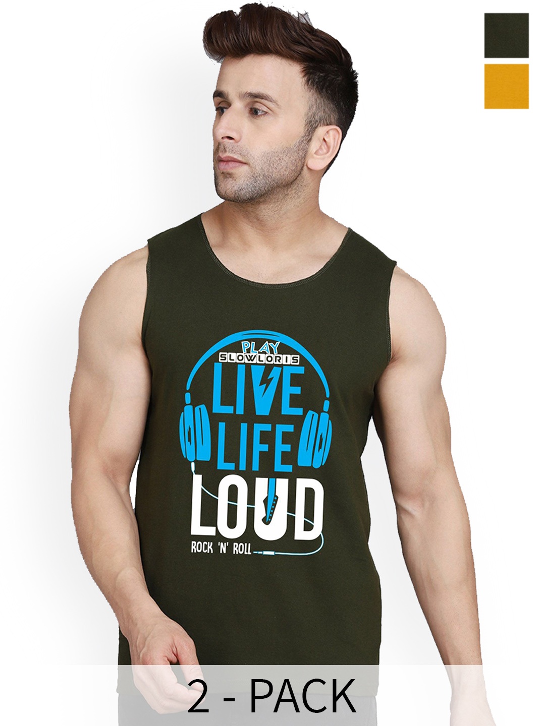 

SLOWLORIS Pack Of 2 Men Printed Innerwear Gym Vests, Olive