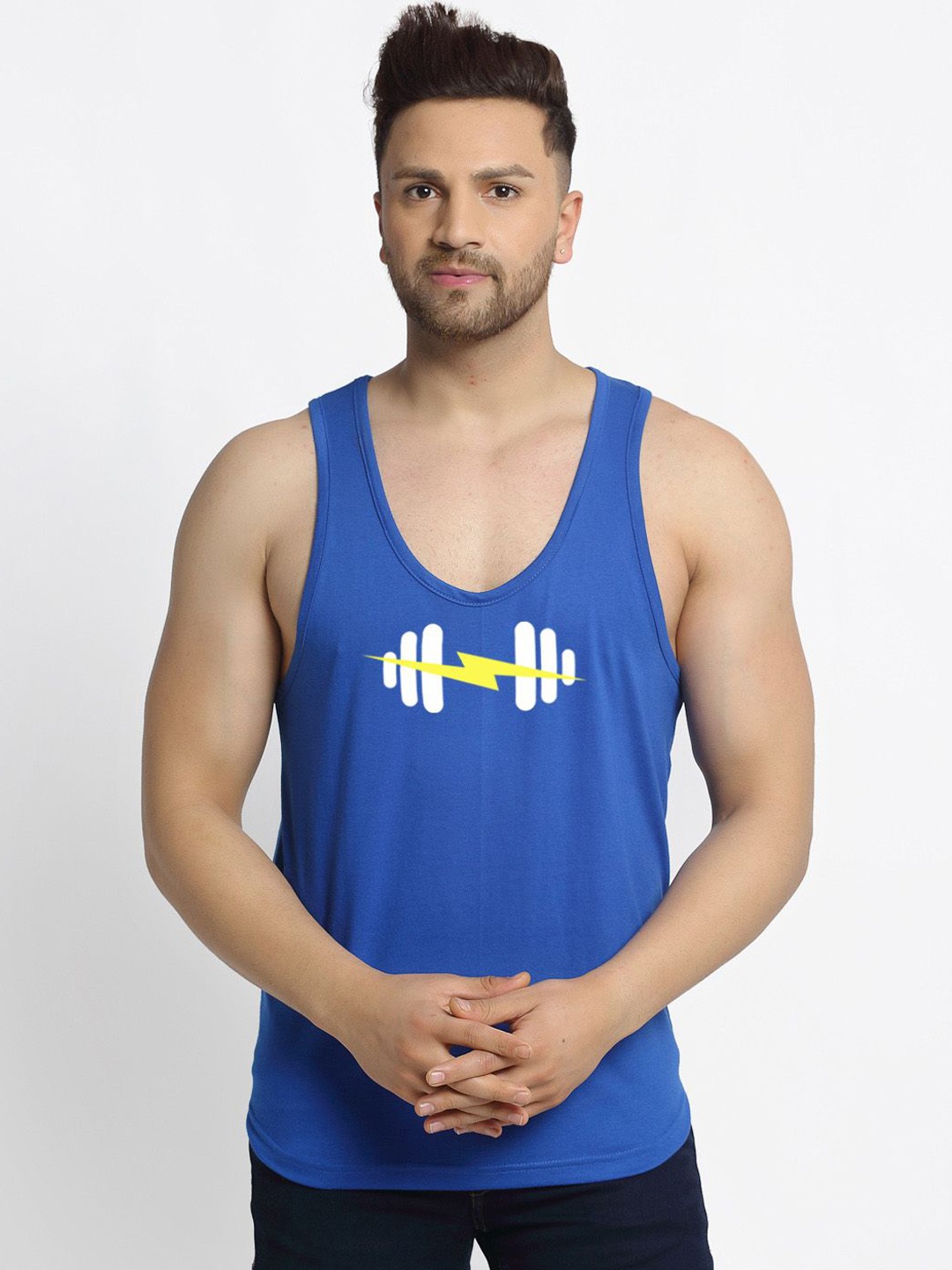 

Friskers Printed Pure Cotton Sleeveless Gym Vests, Blue