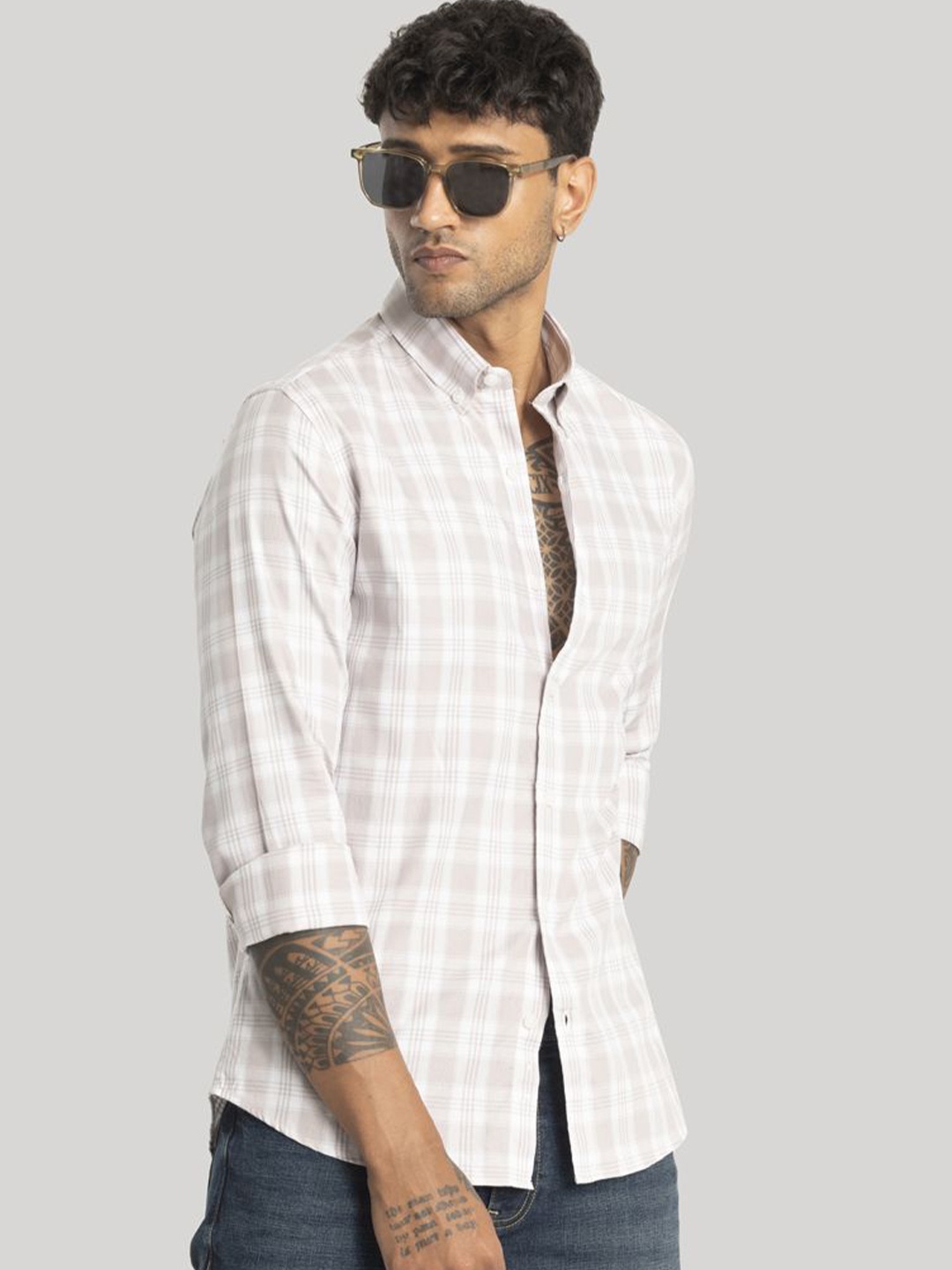 

Snitch Men Smart Slim Fit Opaque Checked Casual Pure Cotton Shirt, Brown