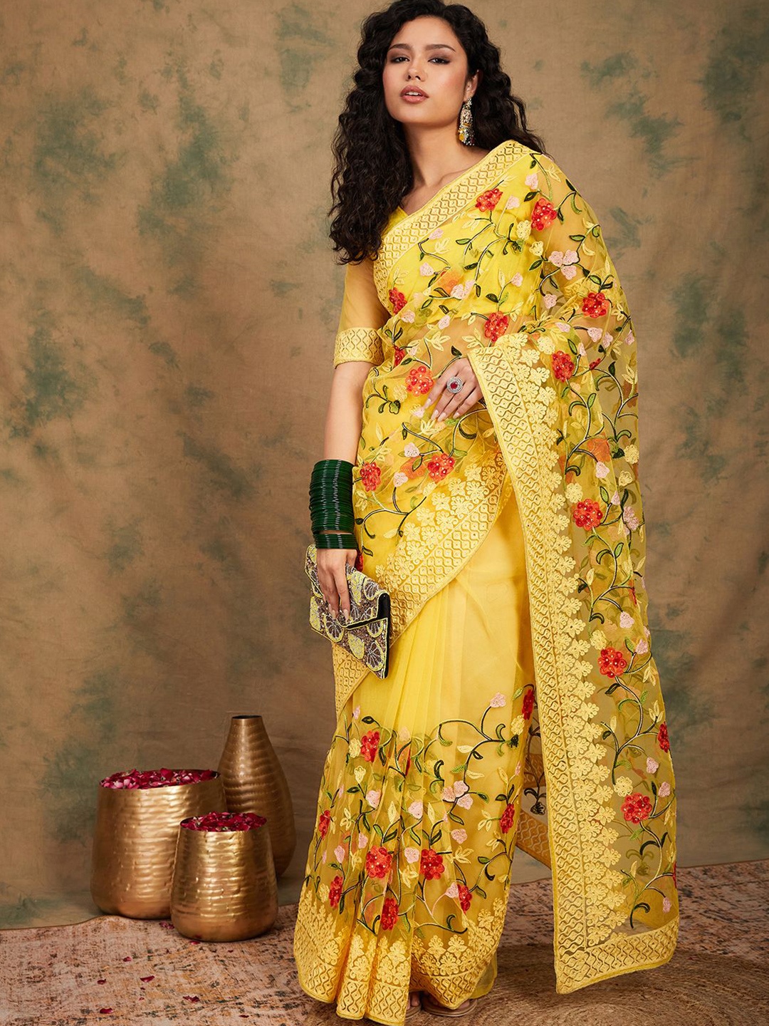 

SHADOW & SAINING Floral Beads and Stones Net Saree, Yellow