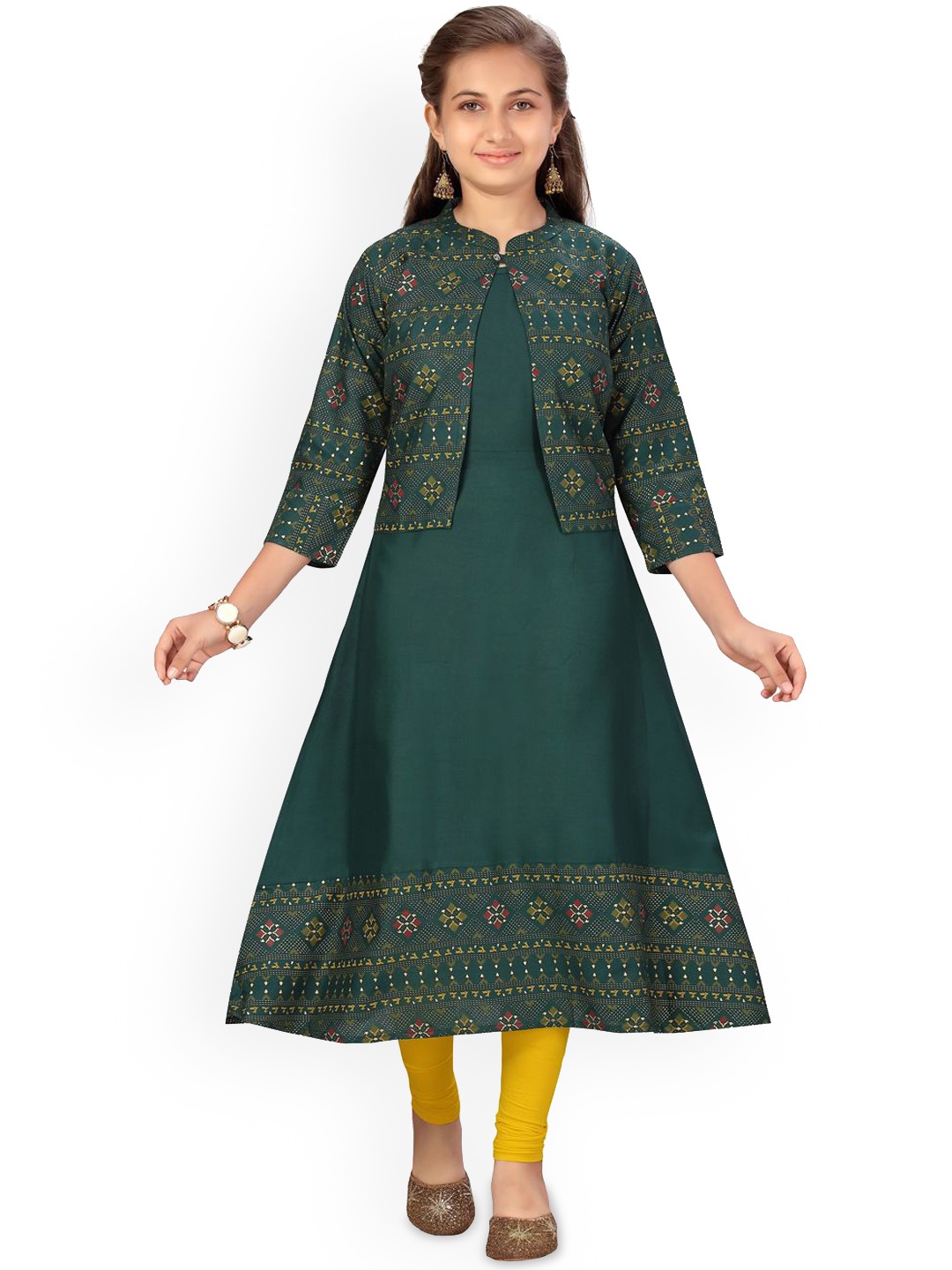 

BAESD Girls Floral Embroidered Mandarin Collar Cotton Anarkali Kurta With Jacket, Green