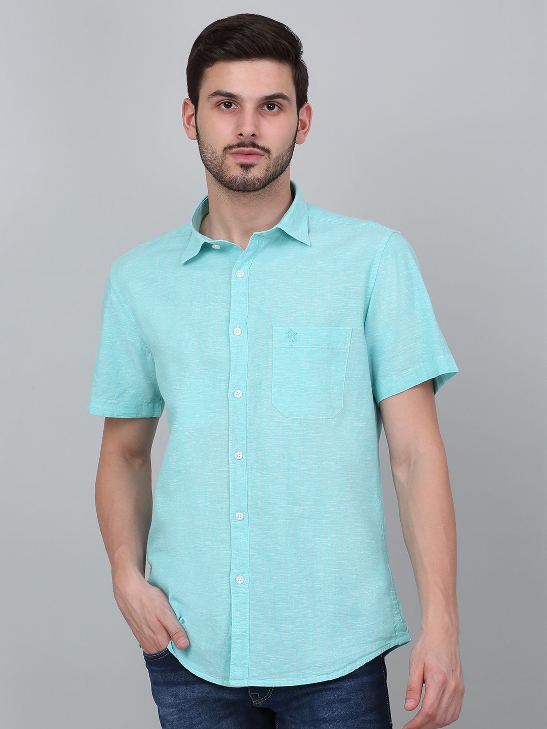

Cantabil Men Spread Collar Solid Cotton Linen Casual Shirt, Blue