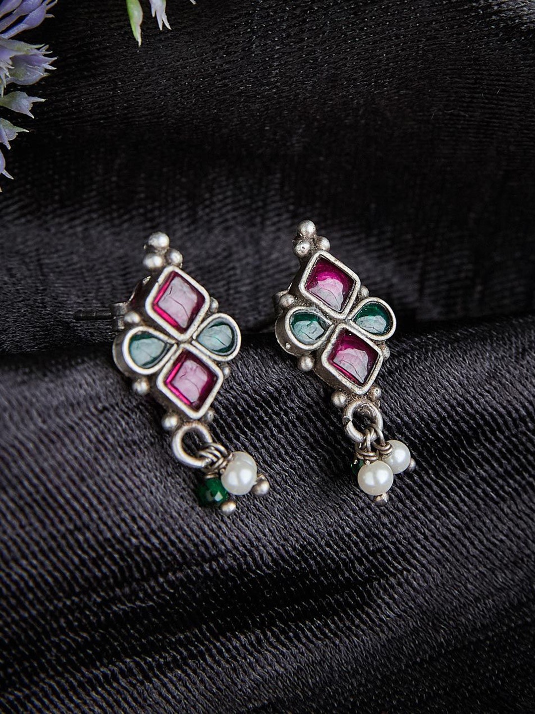 

Fabindia Silver-Plated Stone Studded & Beaded Geometric Drop Earrings