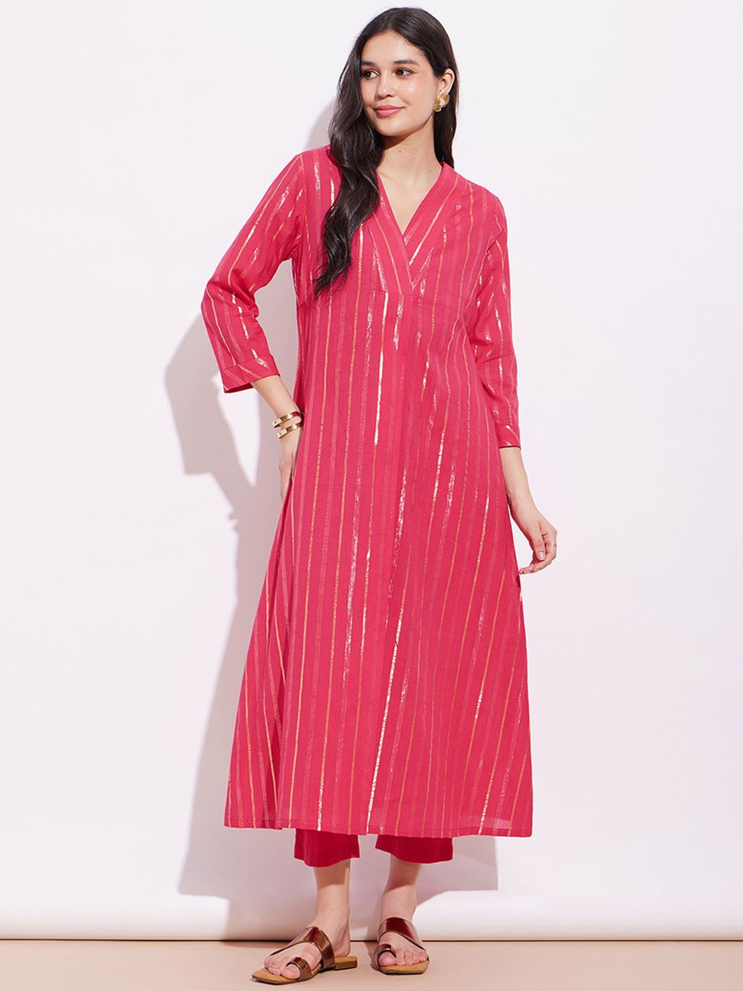 

Pink Fort Striped V-Neck Pure Cotton Straight Kurta with Trousers, Red