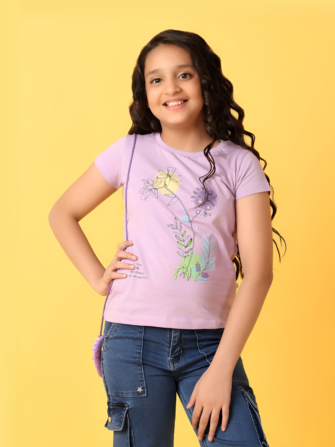 

V-Mart Girls Floral Printed Round Neck Cotton T-Shirt, Purple
