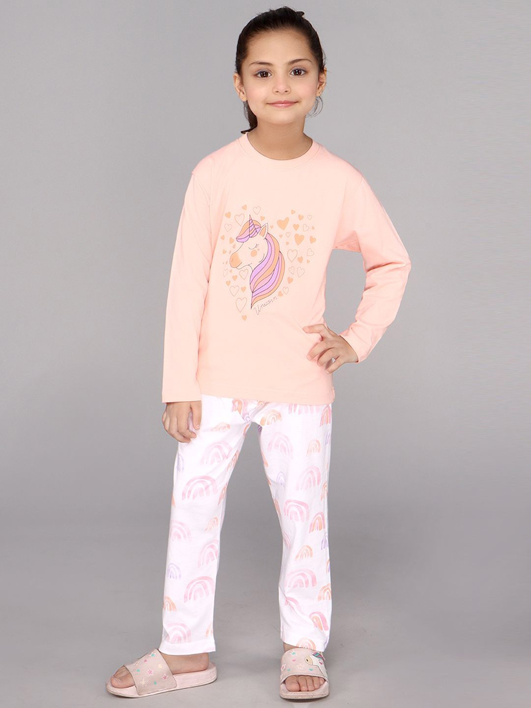 

DDOUDDOU Girls Printed Pure Cotton T-shirt With Pyjama, Peach