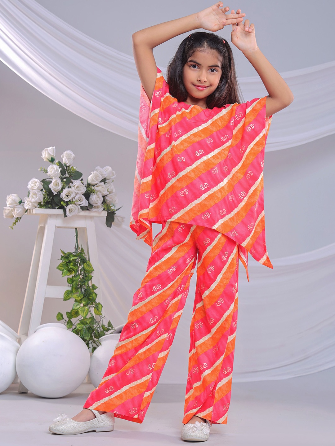 

misbis Girls Printed Pure Cotton Kaftan Top With Palazzos, Pink