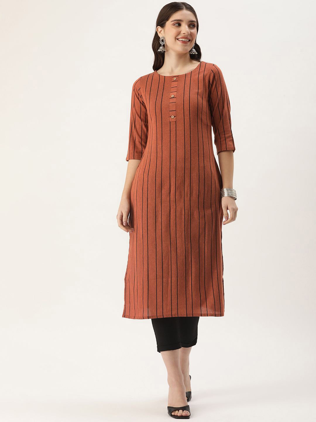 

HRITIKA Striped Round Neck Straight Kurta, Rust