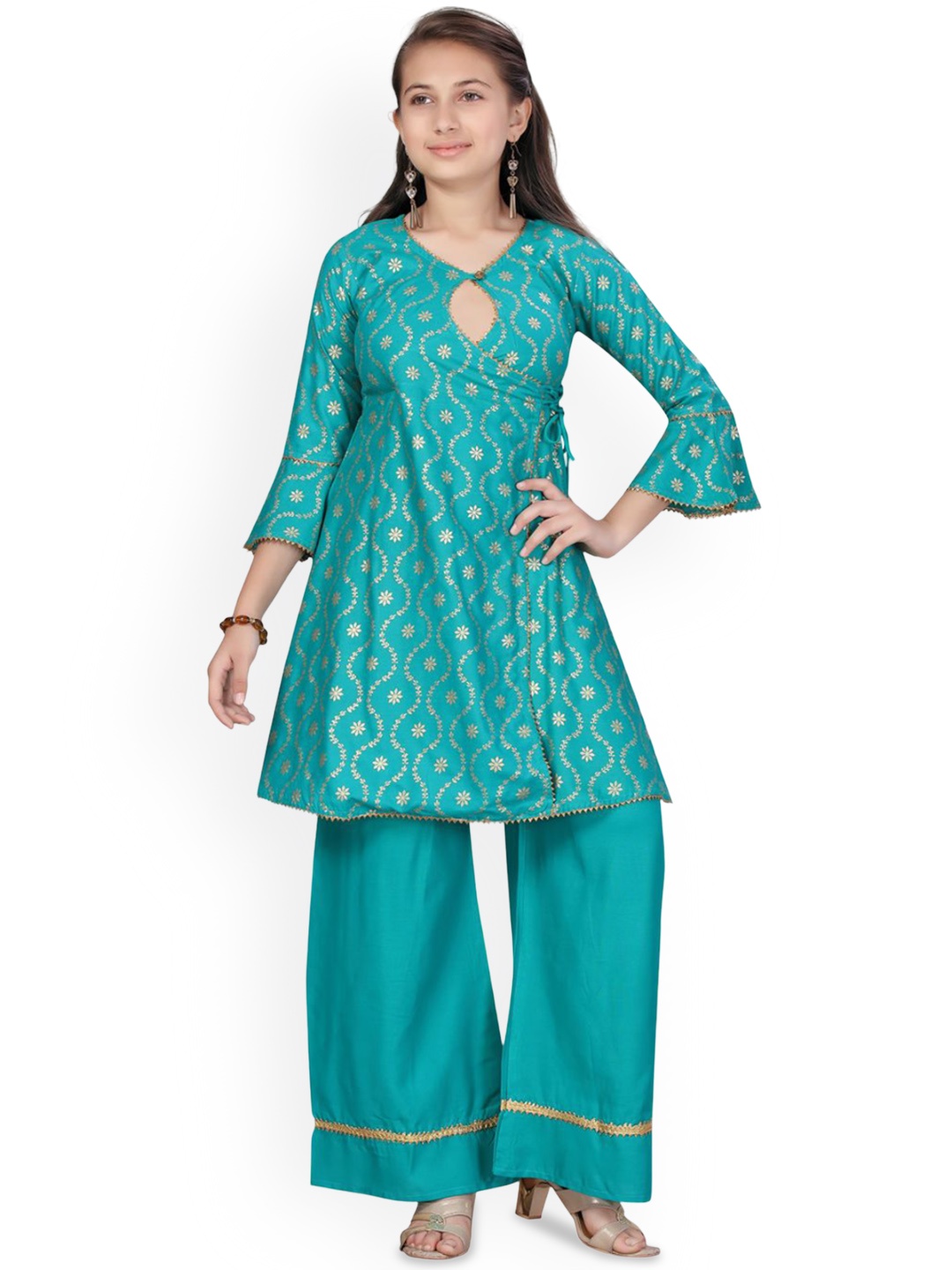 

BAESD Girls Ethnic Motifs Printed Angrakha Gotta Patti Pure Cotton Kurta With Palazzos, Sea green