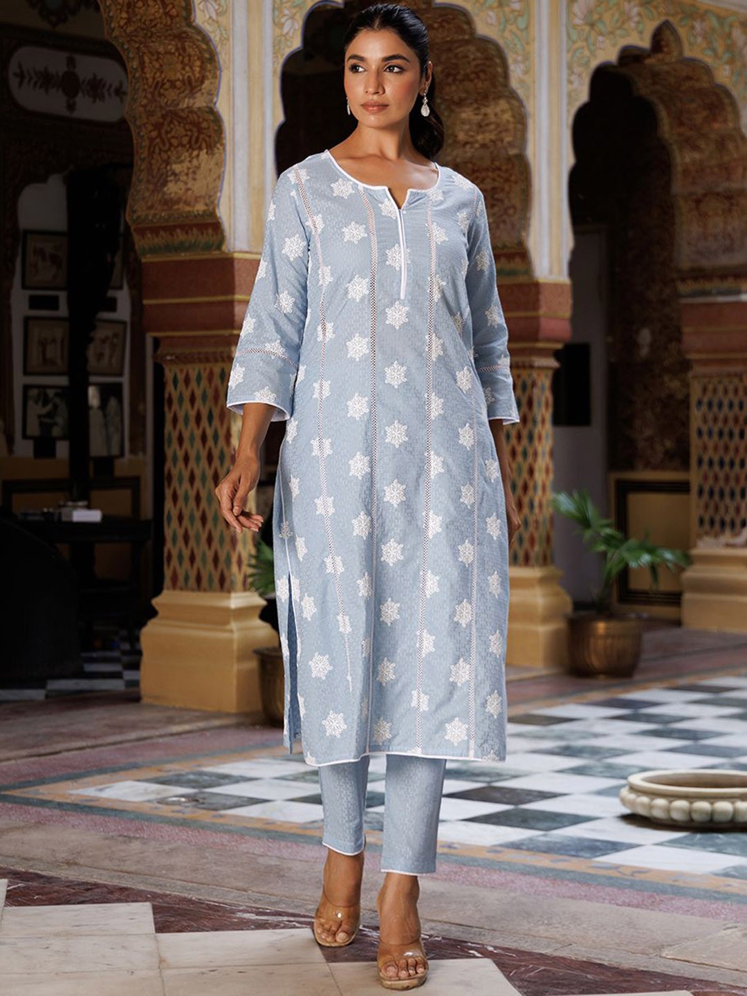 

Ragavi Ethnic Motifs Embroidered Regular Thread Work Pure Cotton Kurta With Trousers, Blue