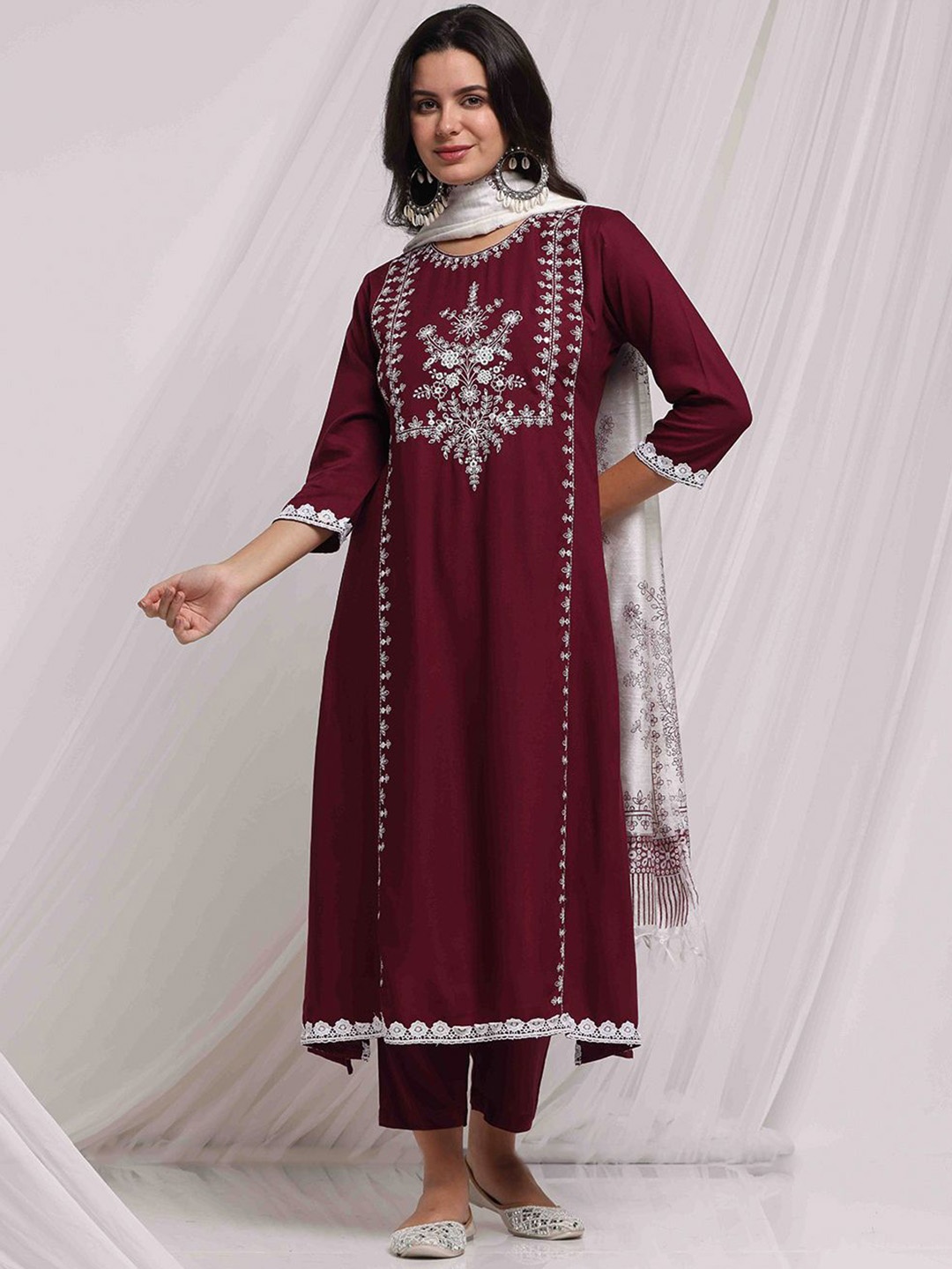 

Anouk Burgundy Floral Embroidered Pure Cotton Straight Kurta With Trouser & Dupatta