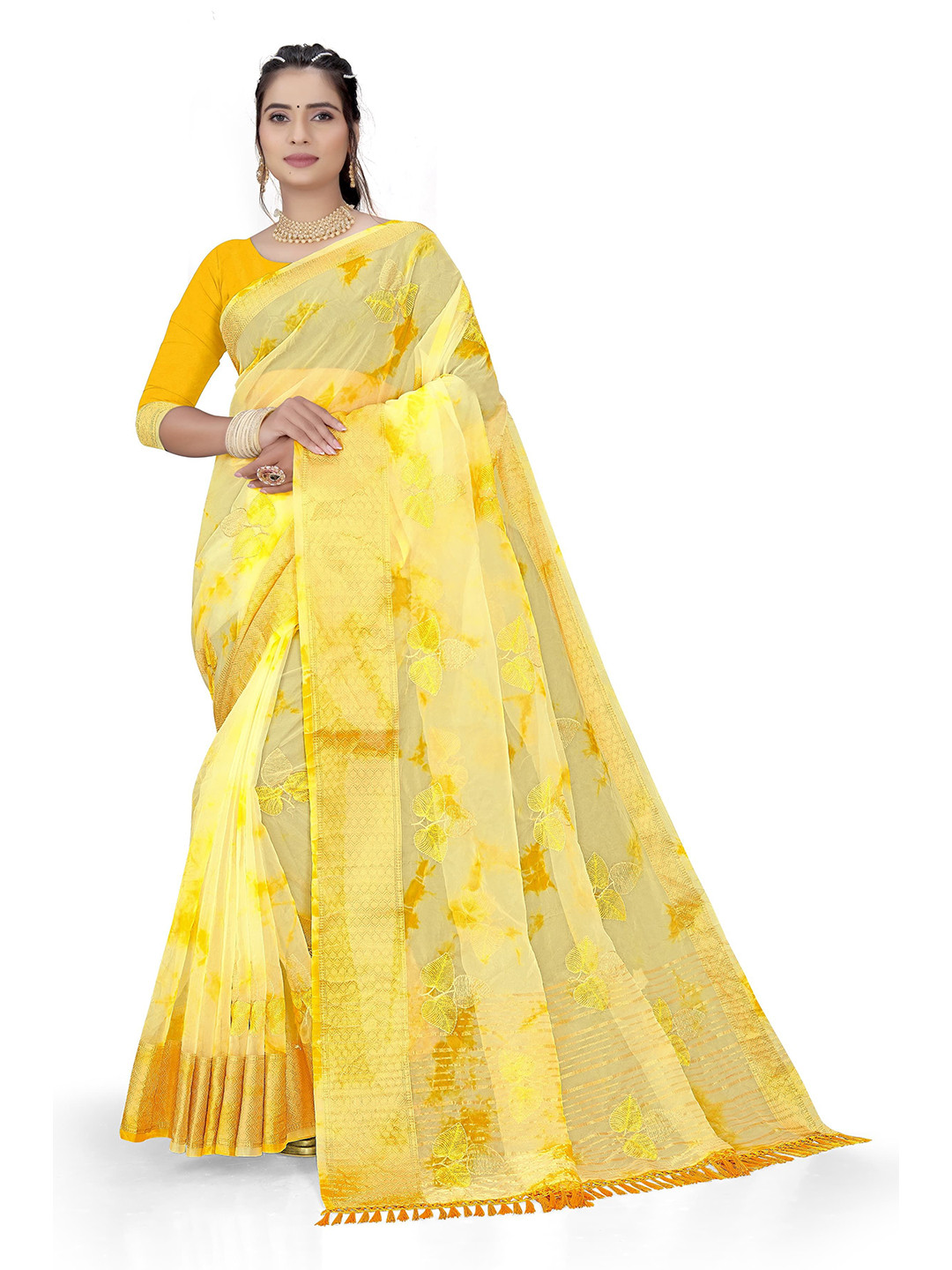 

Pemal Designer Floral Embroidered Organza Saree, Yellow