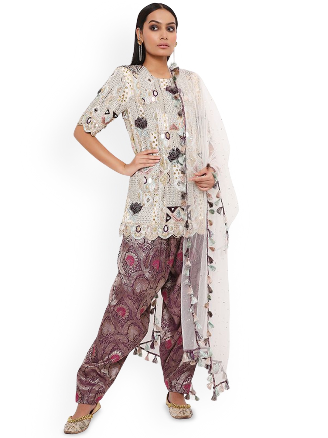 

Payal Singhal Floral Embroidered Sequinned Straight Kurti With Dhoti Pants & Dupatta, White