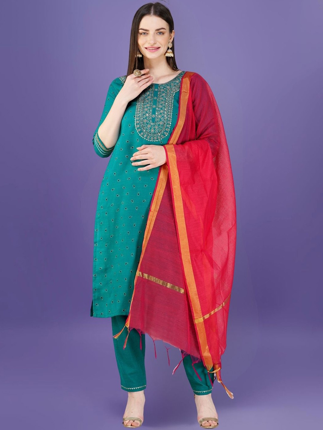 

KAZIA Paisley Printed Thread Work Straight Kurta with Trousers & Dupatta, Turquoise blue