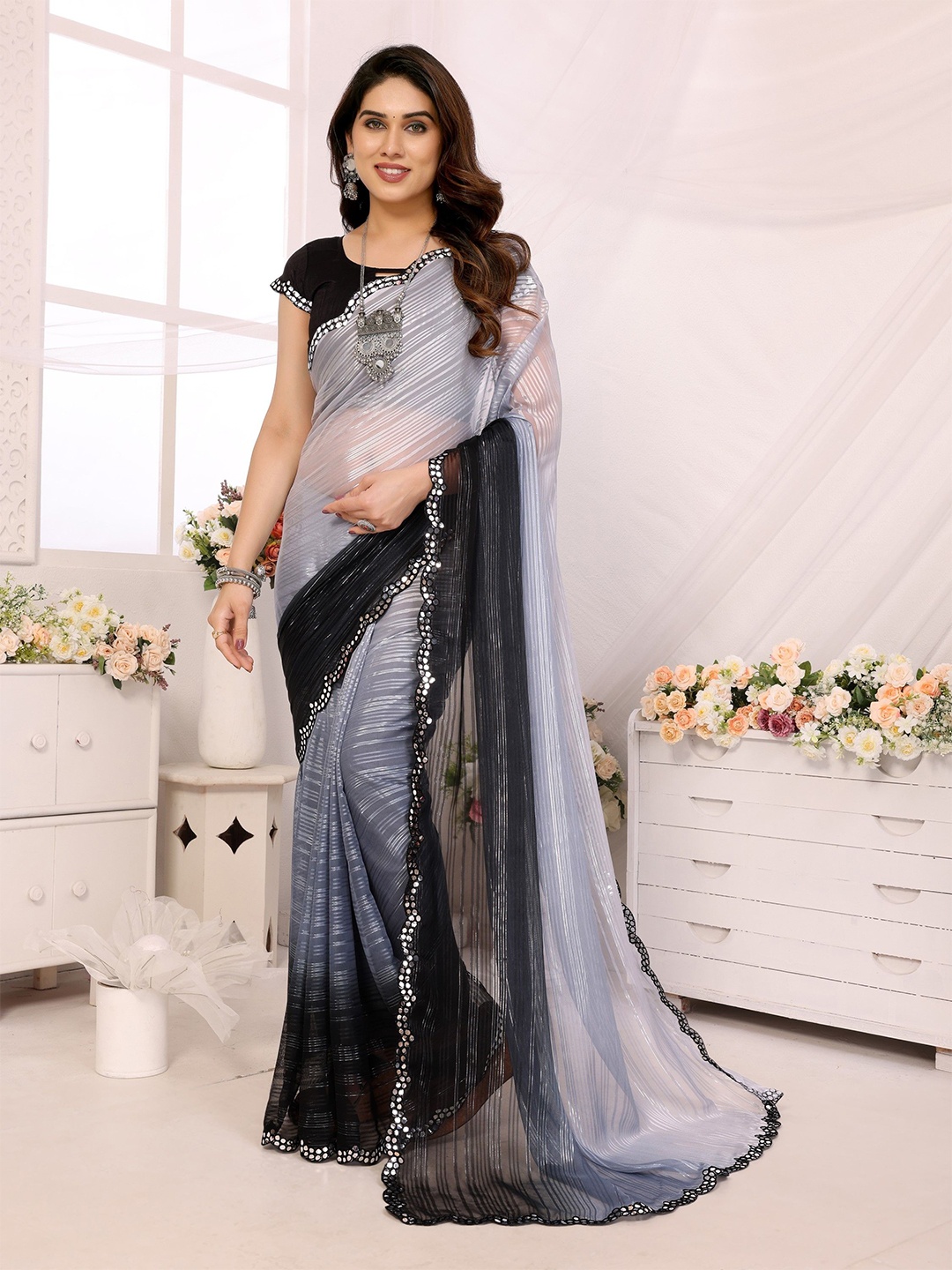 

The Textile Hub Striped Embellished Mirror Work Saree, Grey