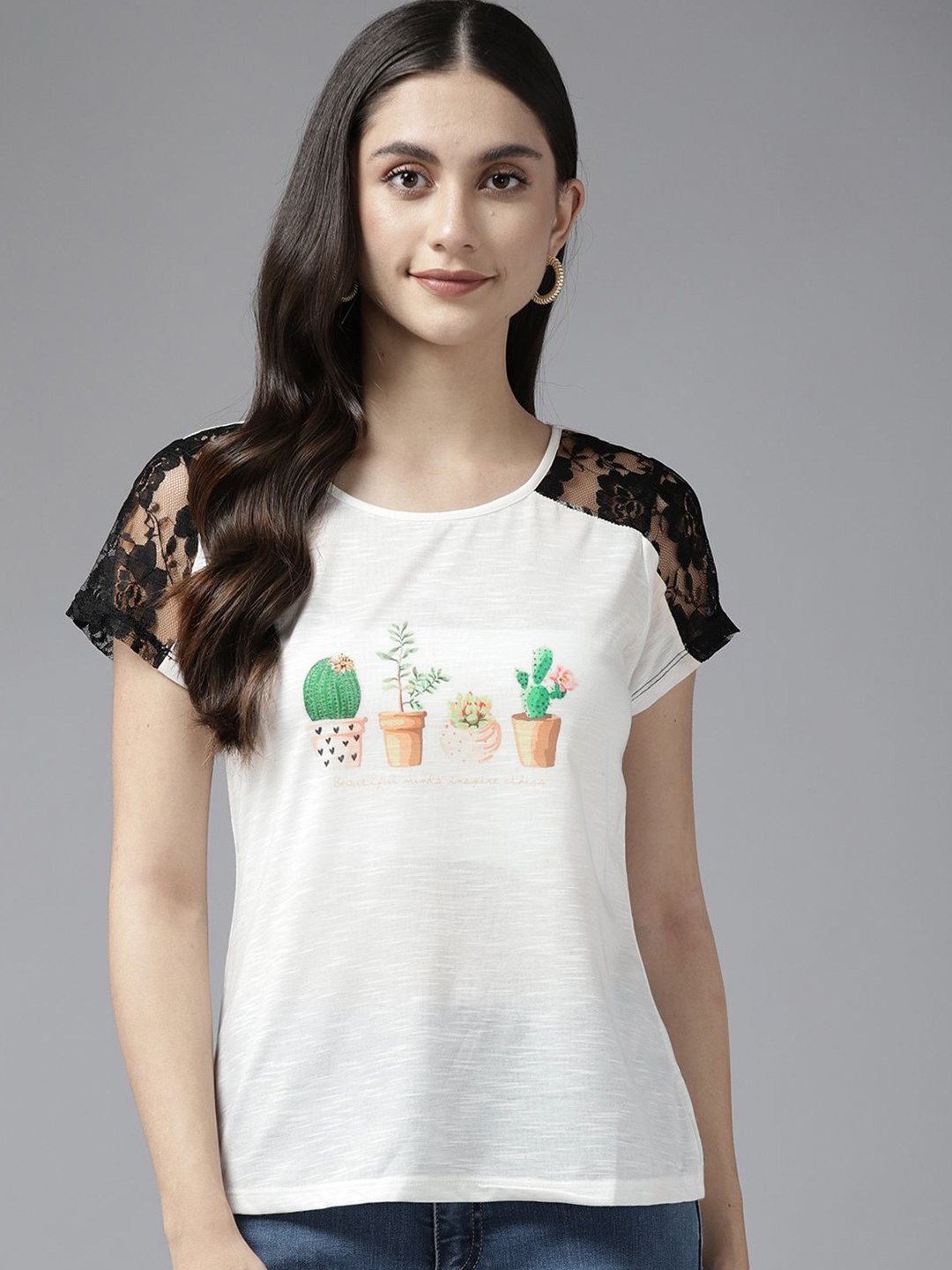 

BAESD Women Graphic Printed Round Neck Top, Cream