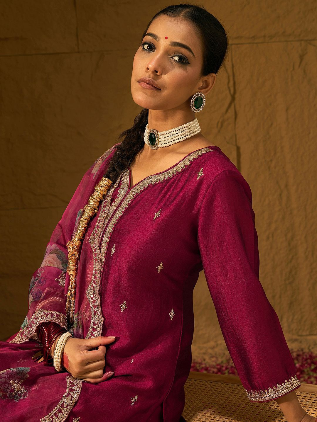 

Indo Era Floral Embroidered Straight Kurta with Trousers & Dupatta, Maroon