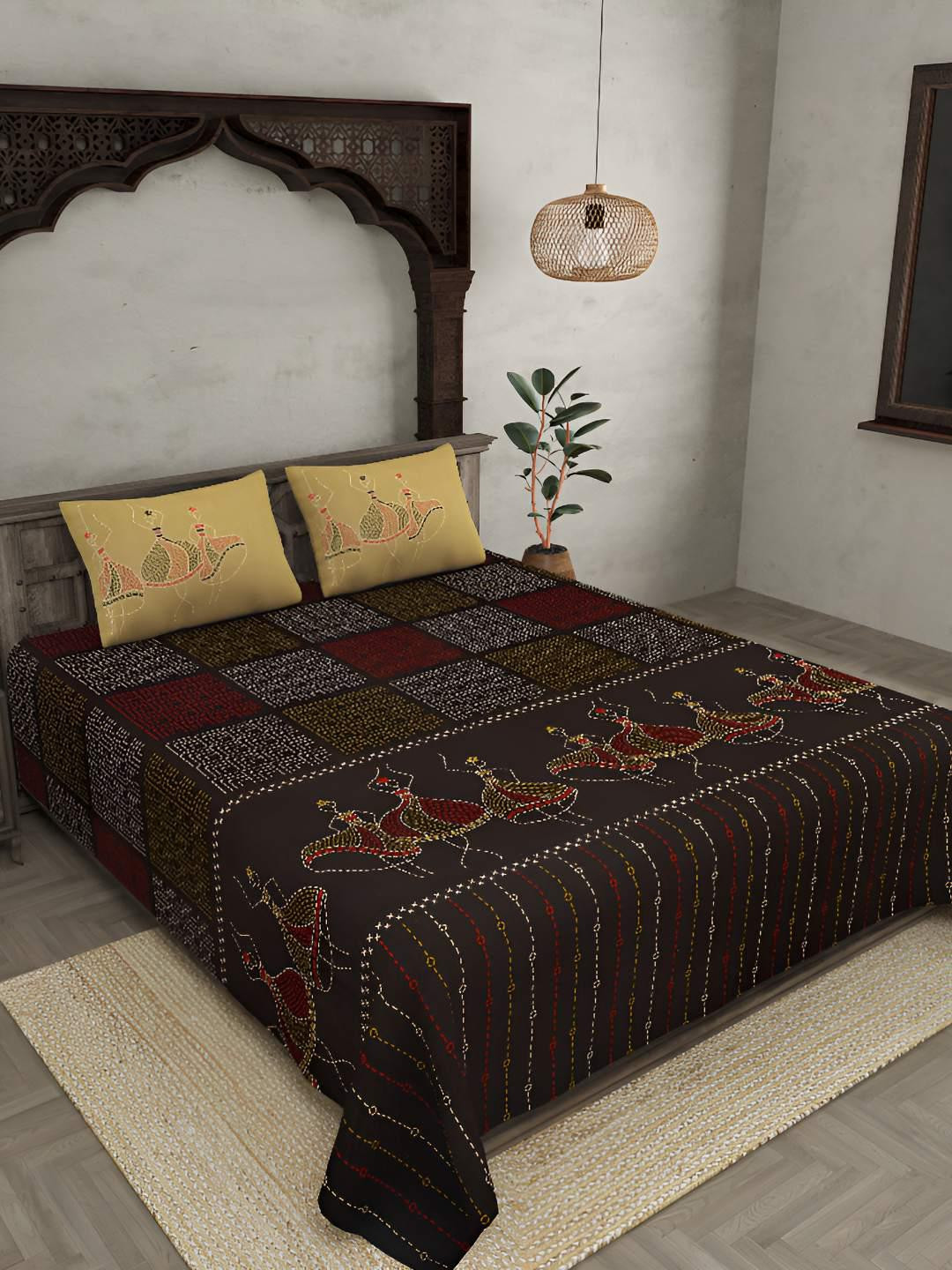 

BED-SHEET.COM Brown Ethnic Motifs 300 TC Cotton King Bedsheet with 2 Pillow Covers